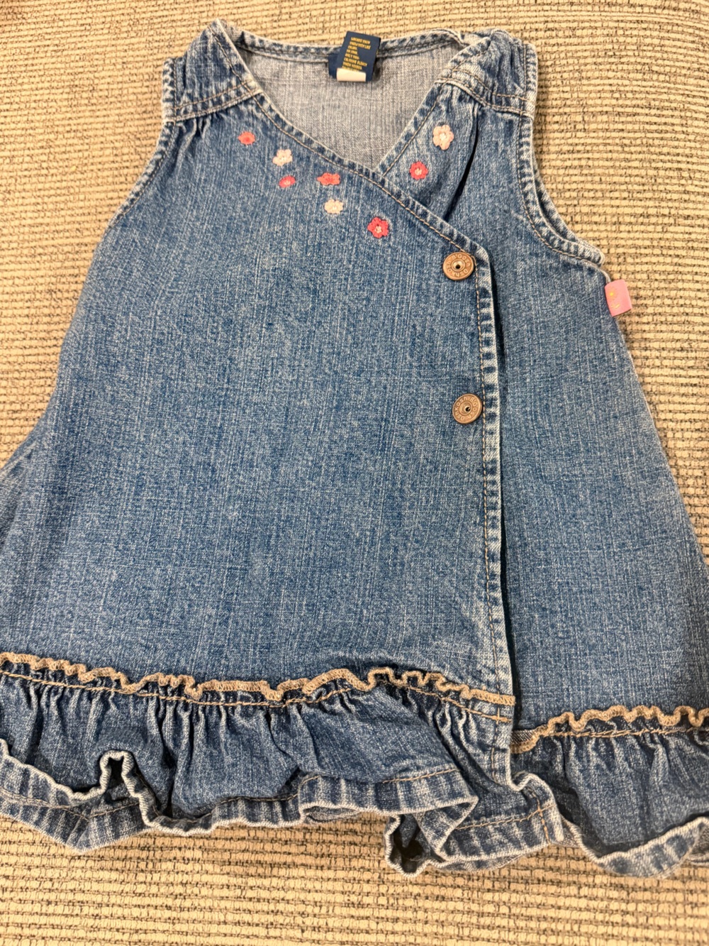 OshKosh B'gosh Denim Overall Dress Floral Embroidery Ruffle Hem Wrap Snap 18 mth